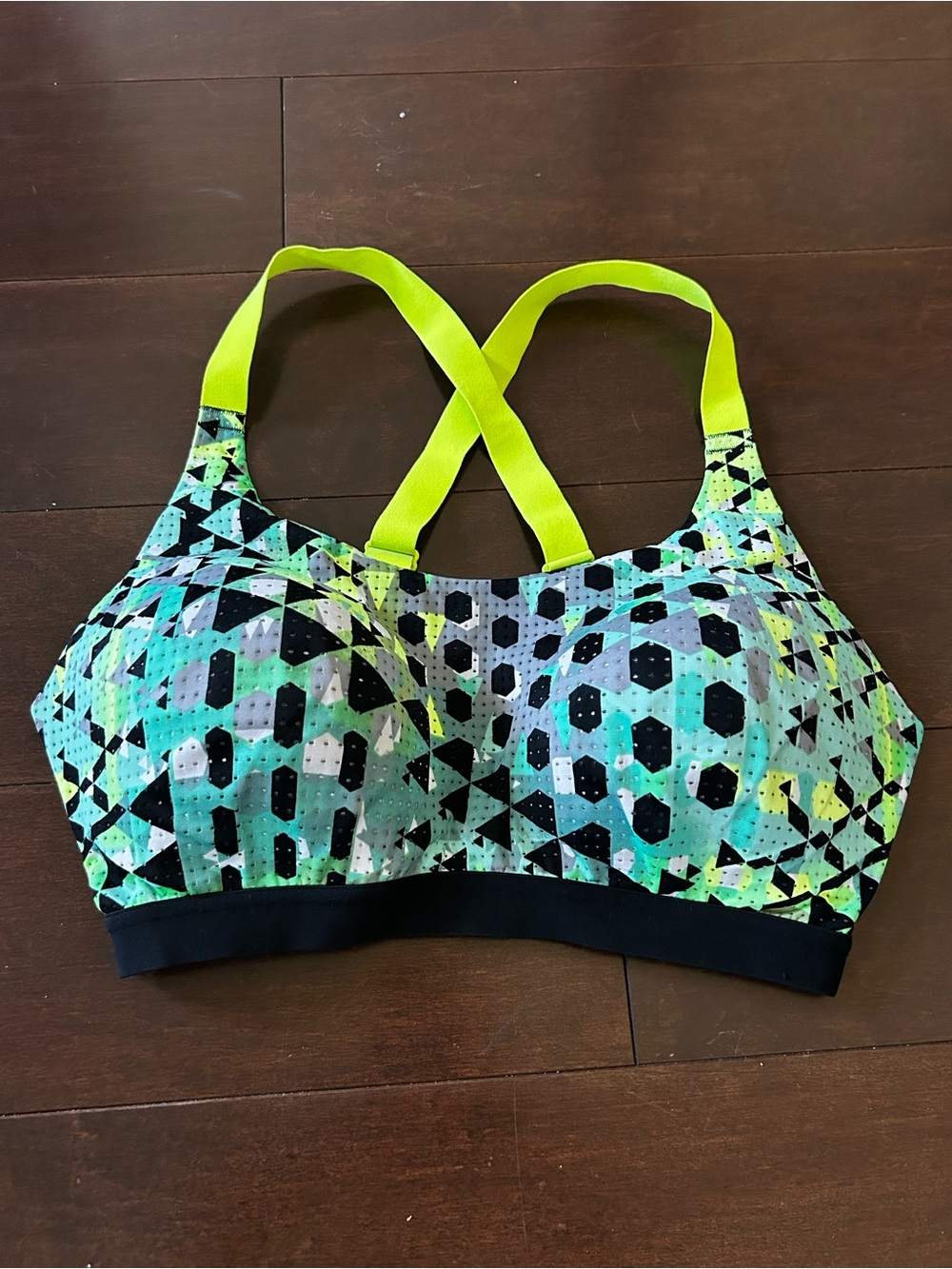 Neon Green Geometric Print Strappy Sports Bra
